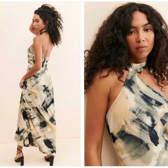 FREE PEOPLE x LET ME BE Halter Abstract Maxi Slip Dress Sz M NWT $180 {T46} - Picture 2 of 2